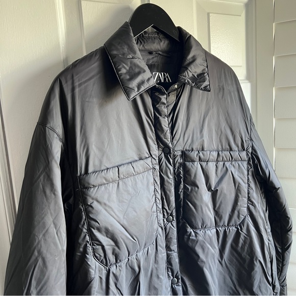 Zara Oversized WATER REPELLENT OVERSHIRT SHACKET Women's Black Quilted Jacket - Picture 7 of 13